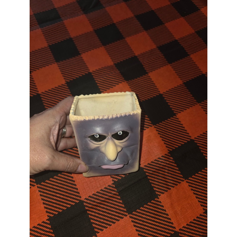 Vintage Anthropomorphic Face Planter Purple Grumpy Bag Ceramic Decor Vase